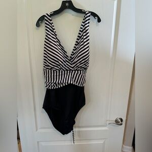 Clean Water Swimsuit Women’s Black White Stripe One Piece Cross X Back plus 22W
